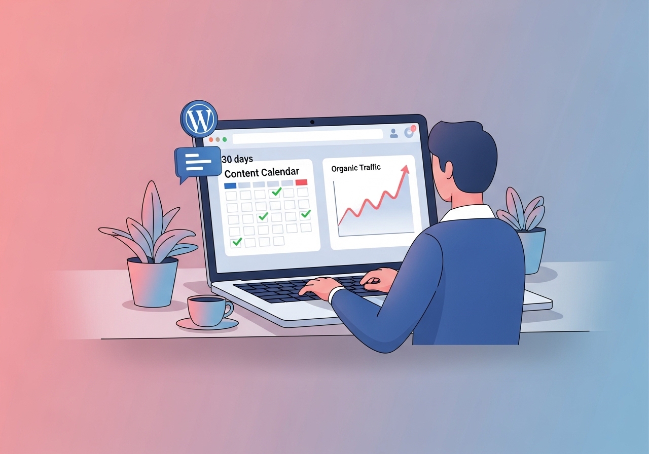 Illustration of the Ascend AI tool automating a content calendar inside a WordPress dashboard.
