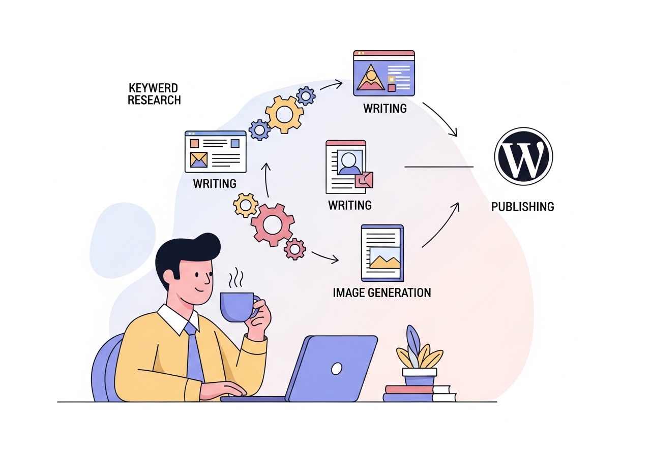 Visual representation of Ascend's automated content workflow, from keyword research to publishing in WordPress.