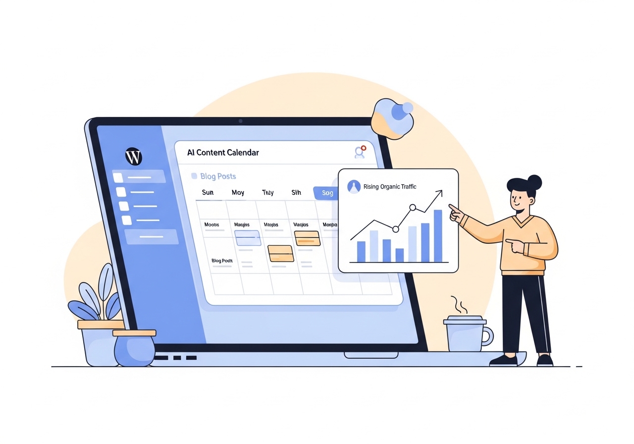 Illustration of the Ascend AI tool inside a WordPress dashboard, automating a content calendar to grow blog traffic.
