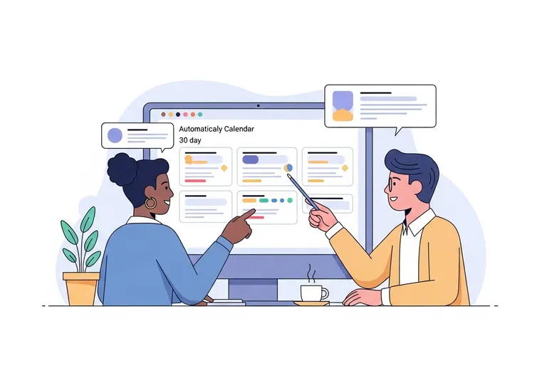Illustration of marketing professionals reviewing an automated content creation calendar on a large monitor.