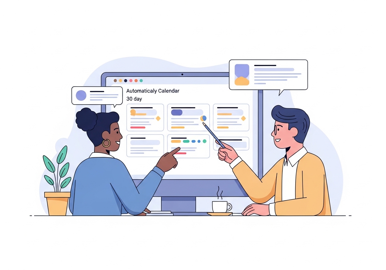 Illustration of marketing professionals reviewing an automated content creation calendar on a large monitor.