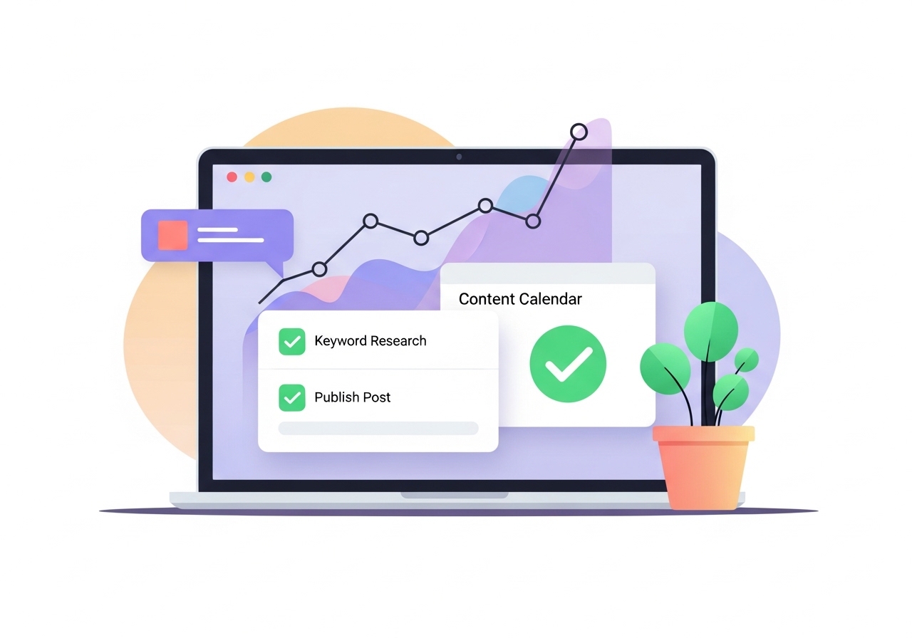 An illustration of an automated SEO and content calendar on a laptop, saving time for marketing teams.