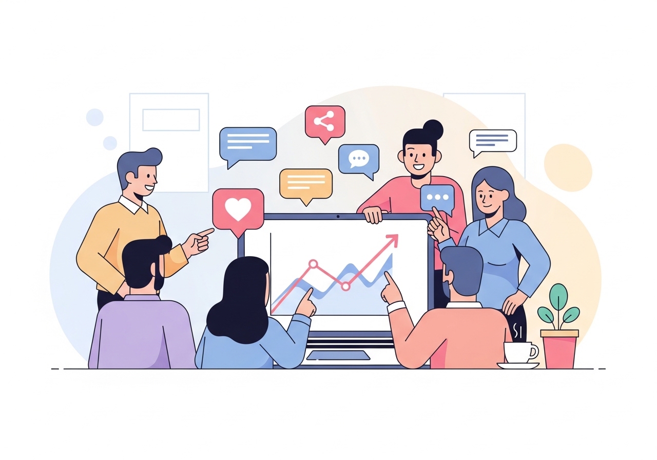 Illustration of marketing professionals analyzing a successful campaign, demonstrating the bandwagon effect in advertising.