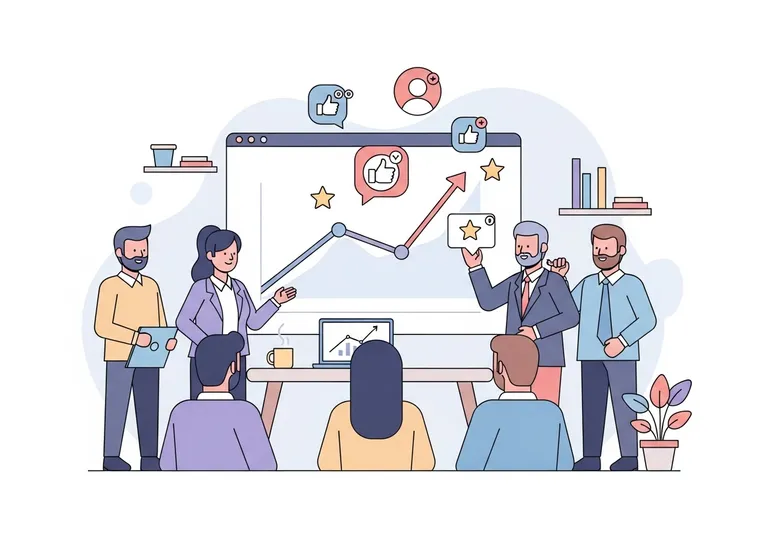 Illustration of marketing professionals analyzing a successful campaign, representing the bandwagon effect in advertising.