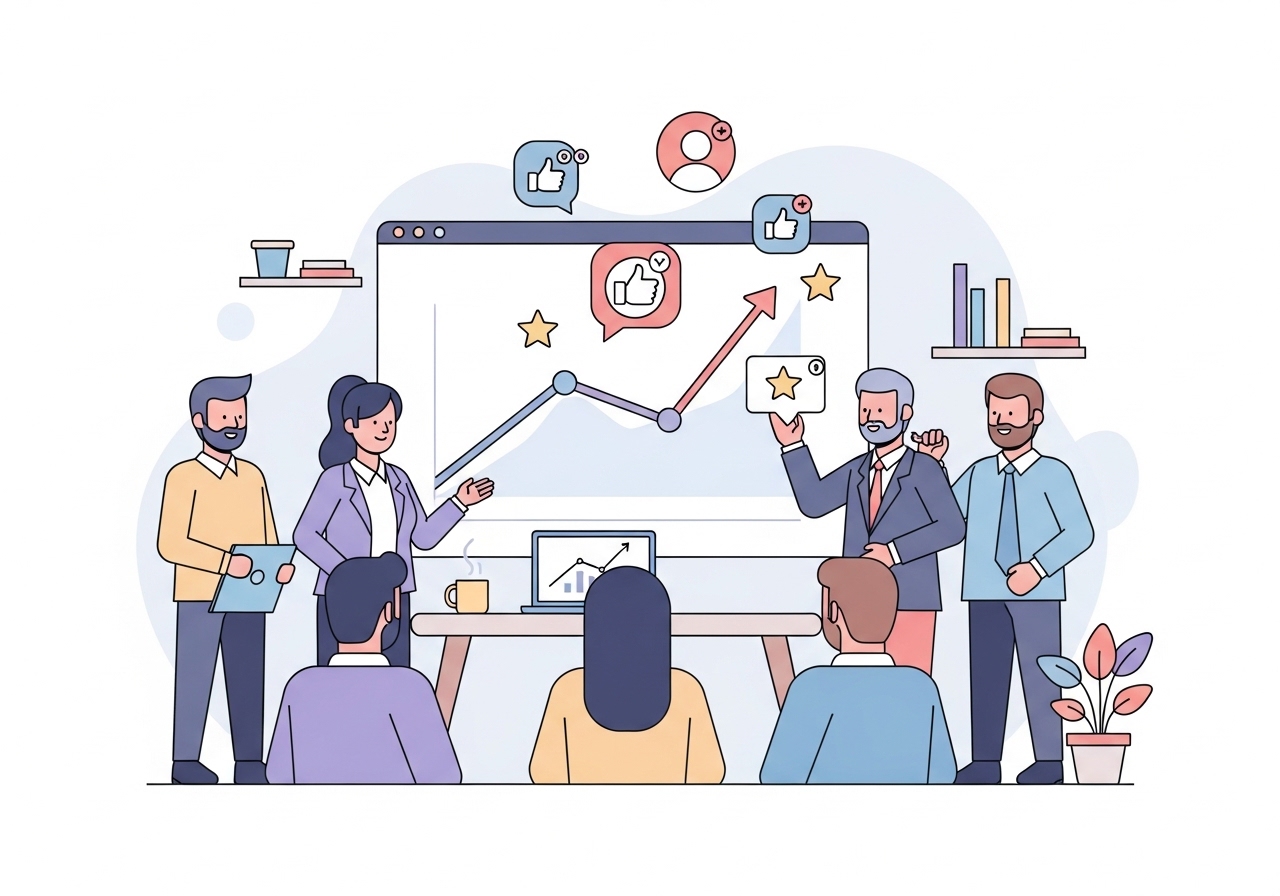 Illustration of marketing professionals analyzing a successful campaign, representing the bandwagon effect in advertising.