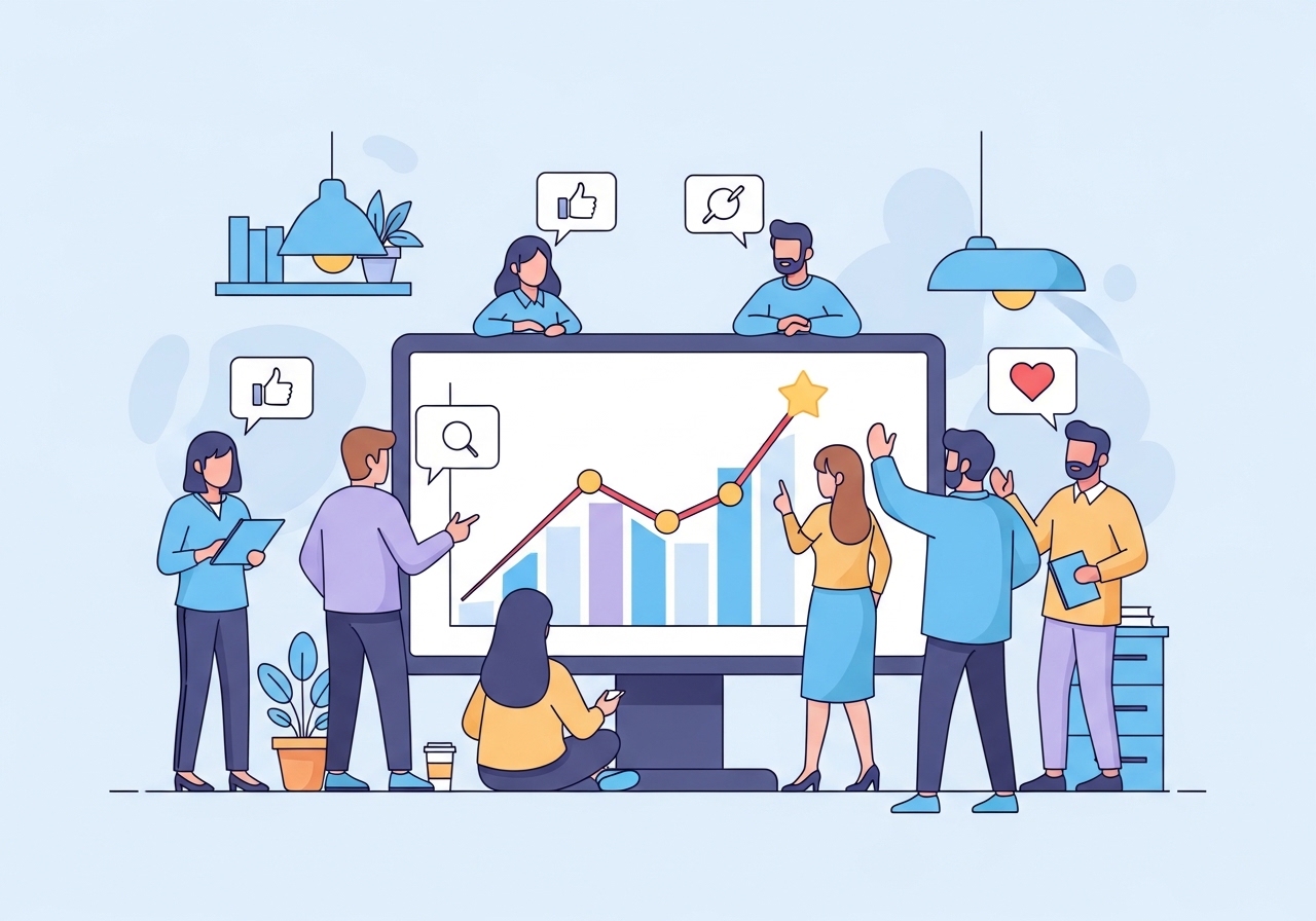 An illustration showing people joining a popular trend, representing bandwagon in advertising examples.