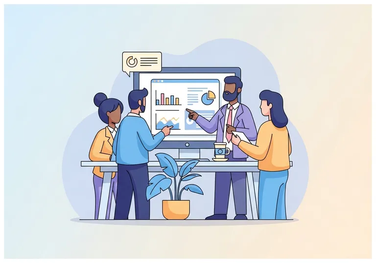 An illustration of business professionals using AI tools on a computer to analyze data and improve productivity.