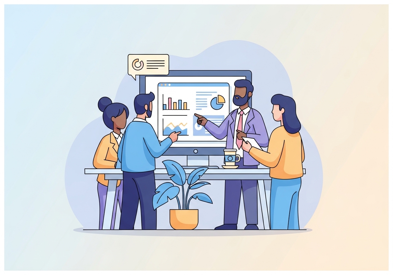 An illustration of business professionals using AI tools on a computer to analyze data and improve productivity.