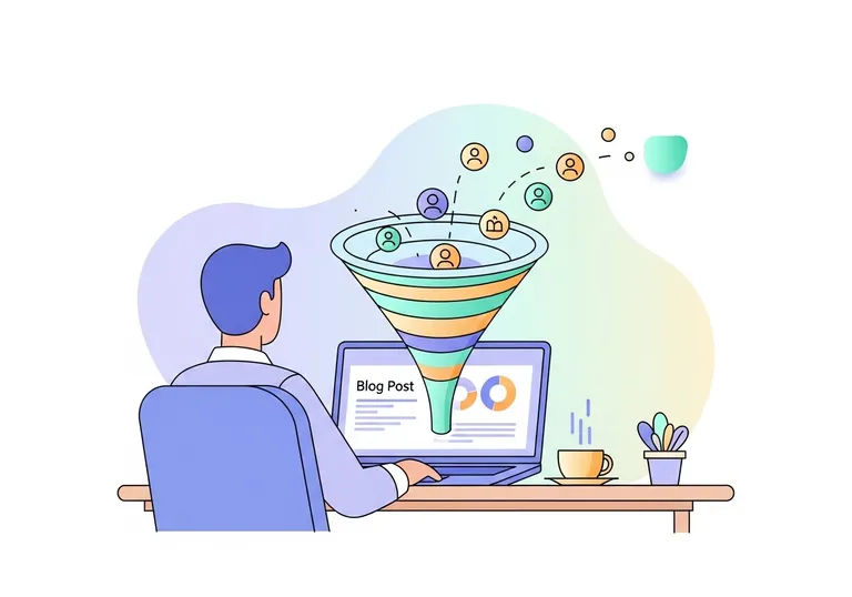 An illustration showing how blogging for lead generation works, with a blog post turning into a funnel of new leads.