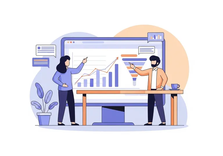 An illustration showing two professionals analyzing a chart that demonstrates successful lead generation from blogging.