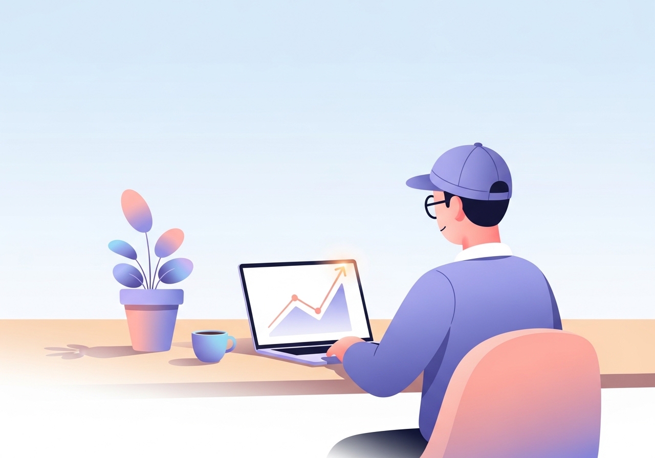 An illustration showing a person reviewing a chart of upward lead growth on a laptop, representing successful blogging for lead generation.