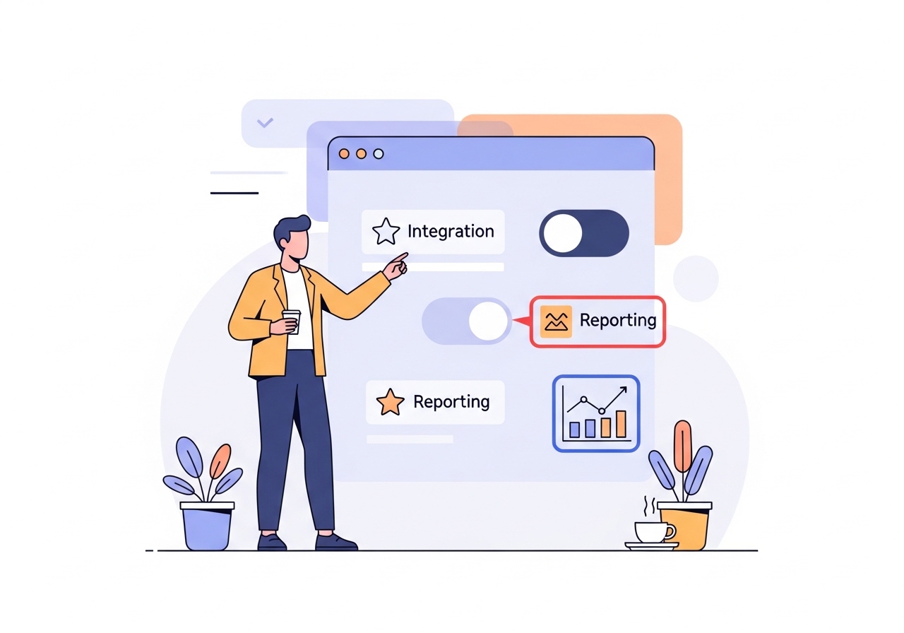 Illustration of a user choosing features on a platform for AI SEO services, focusing on integration and quality.