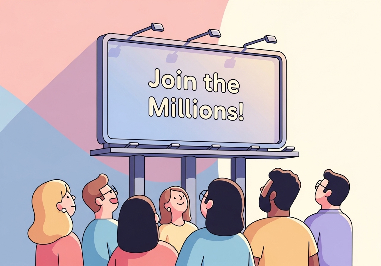 Vector art of a classic advertisement showcasing the bandwagon effect with a popular slogan encouraging people to join.