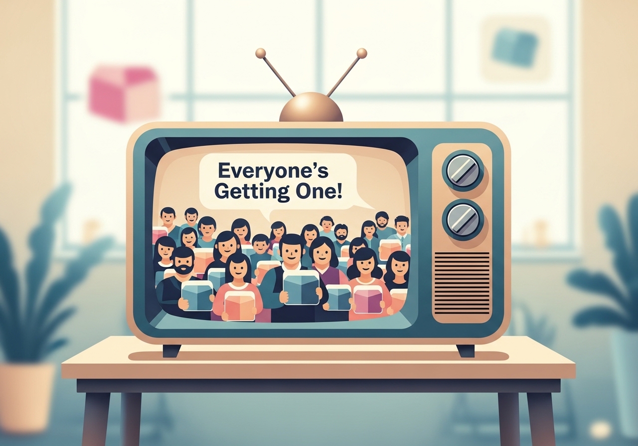 An illustration of a classic television ad demonstrating the bandwagon effect with a large crowd.