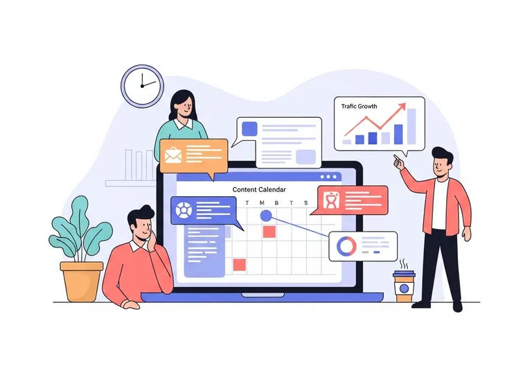 A digital illustration showing a team successfully using a content automation marketing platform to grow blog traffic.