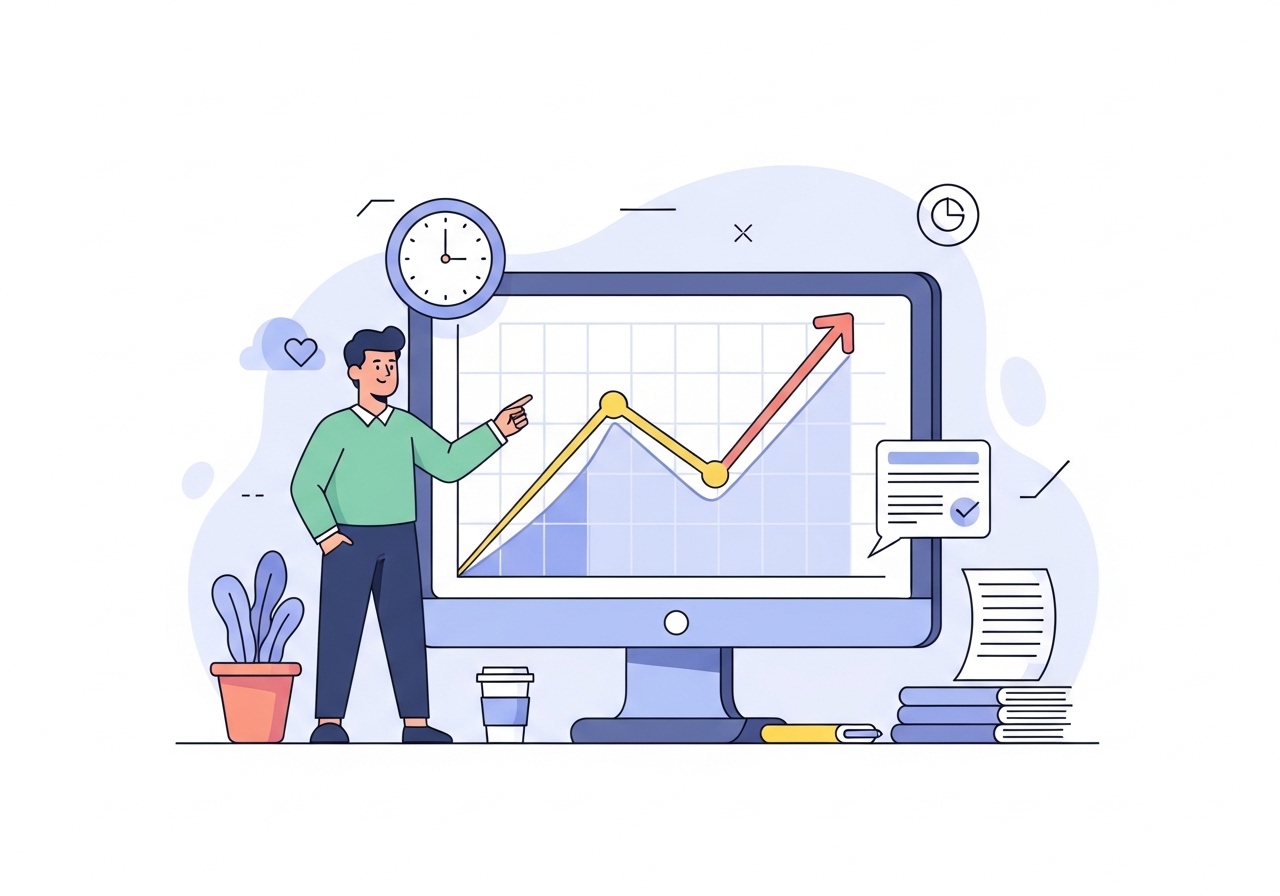 An illustration showing the benefits of content machines, including an upward graph symbolizing traffic growth and efficiency.
