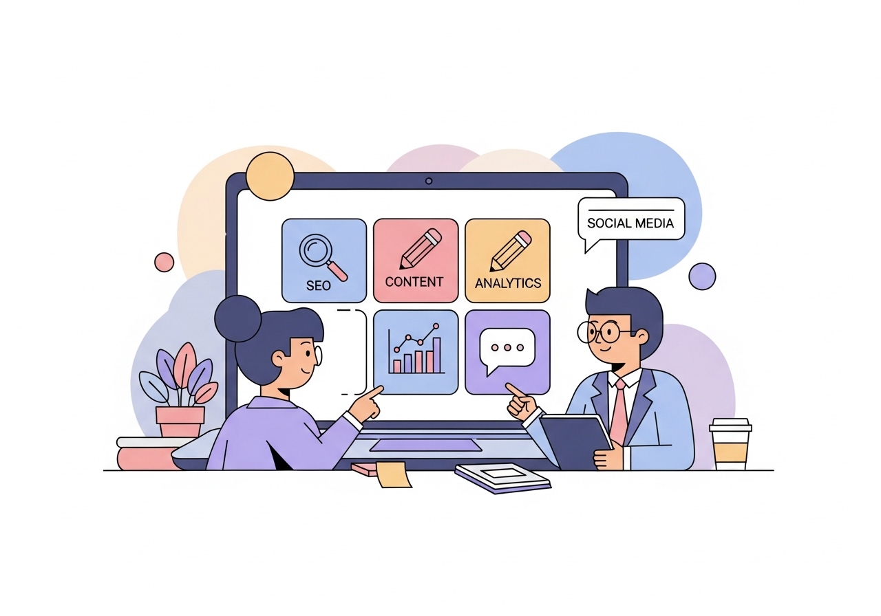 Vector art showing icons for core marketing skills like SEO, content writing, and data analytics.