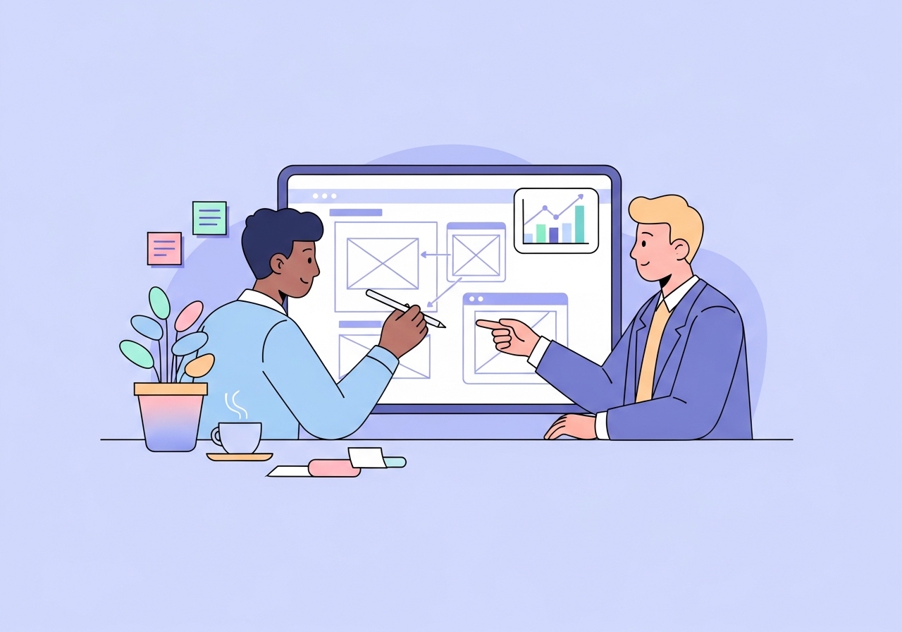 Illustration of a team creating a high-value digital product on a large tablet.