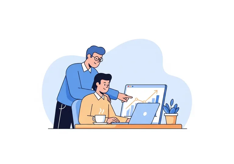 Illustration of a marketing team collaborating on a training program for an entry level marketing role.