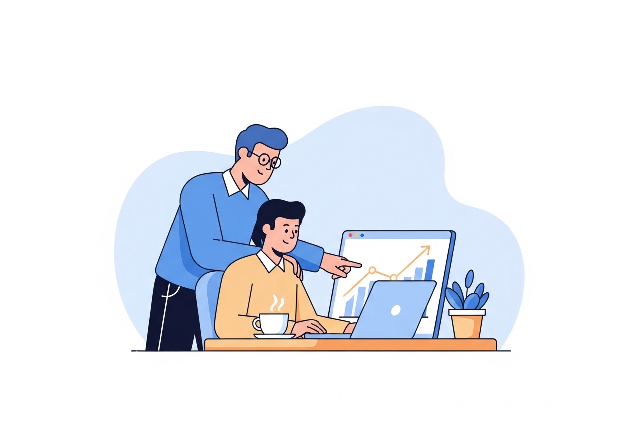 Illustration of a marketing team collaborating on a training program for an entry level marketing role.