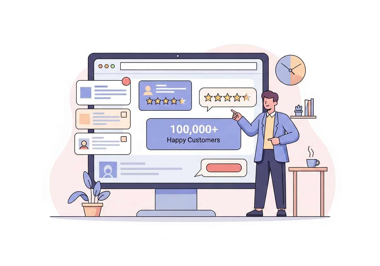 A marketer pointing to a website with customer testimonials, showing an ethical way to use the bandwagon effect.
