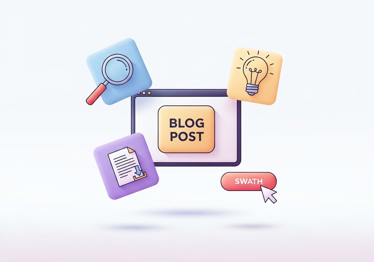 An illustration showing the key components of a high-converting blog post: keyword research, valuable content, lead magnet, and call-to-action.