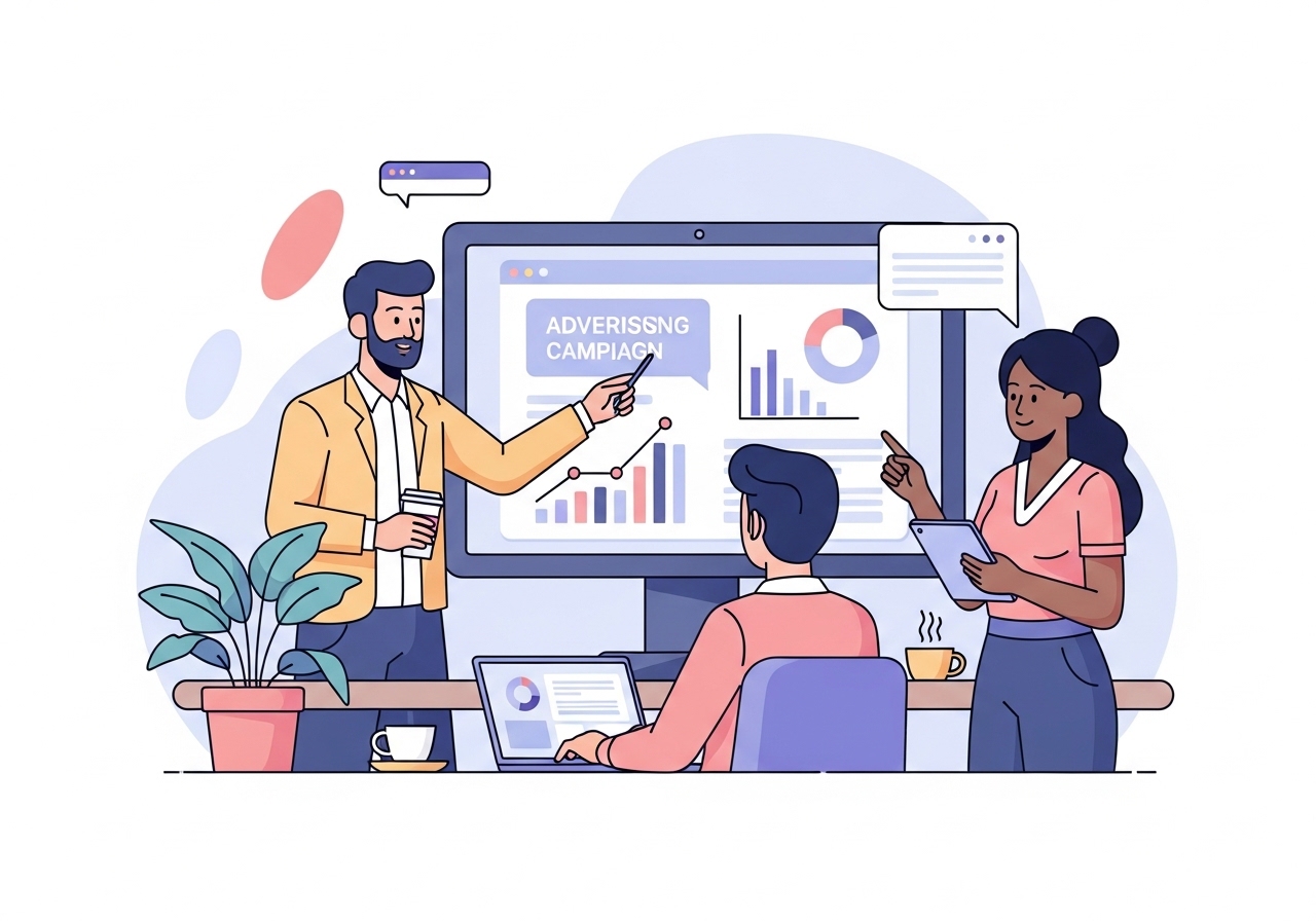 A vector illustration of a marketing team analyzing data on a large screen to plan how to advertise their business.