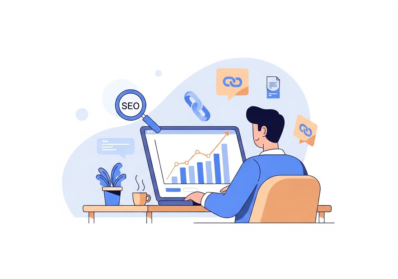 An illustration of a professional boosting SEO for free, shown by a rising graph on a laptop screen.