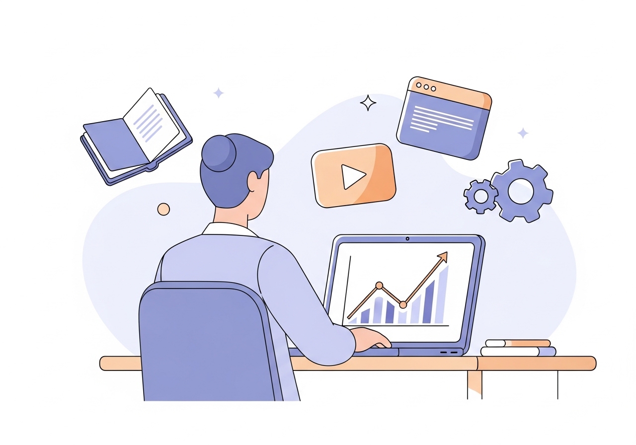 An illustration of a person at a laptop learning how to sell digital products, with icons representing different product types.