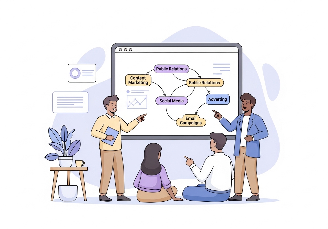 Vector art of a marketing team planning the key components of an integrated marketing communications strategy on a whiteboard.