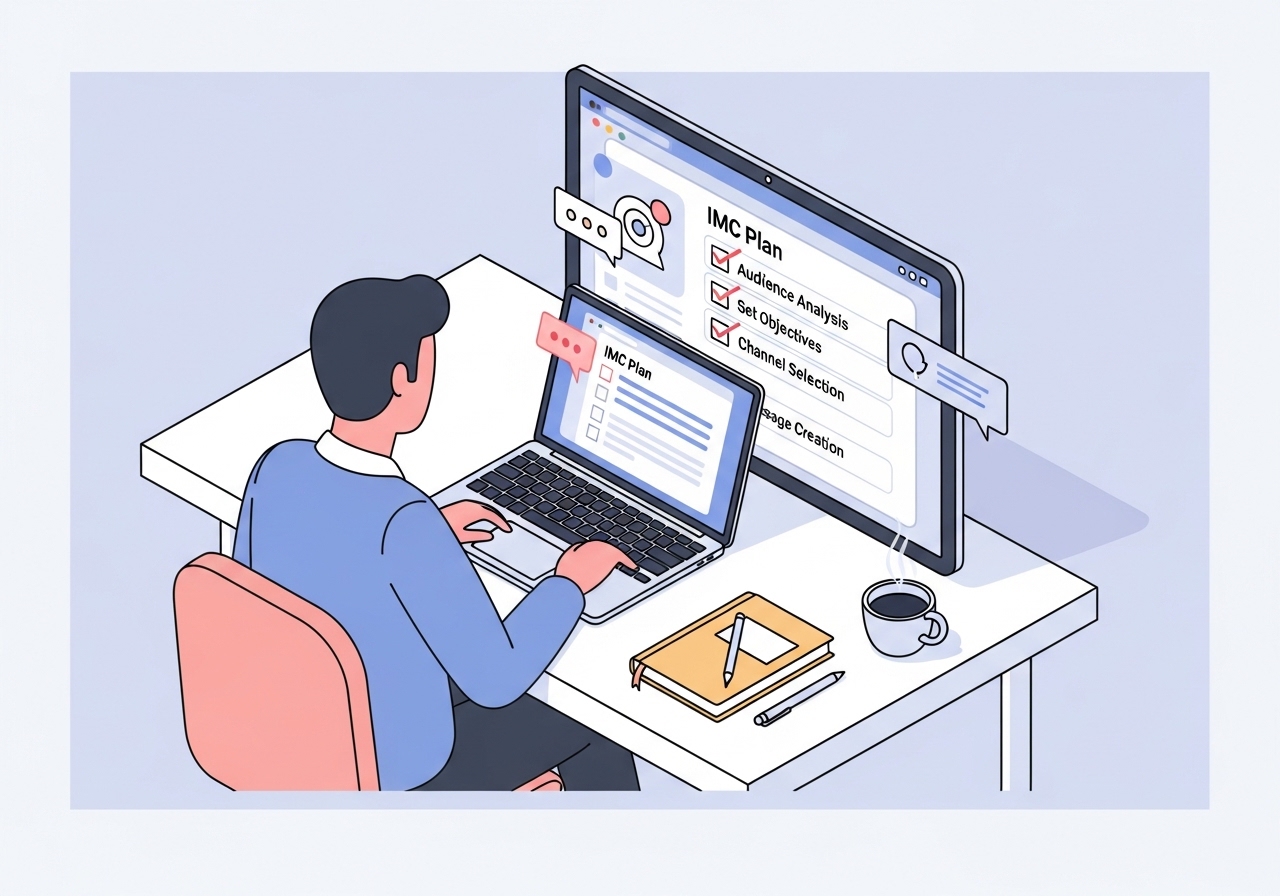 Illustration of a marketer following a checklist to implement an integrated marketing communications plan on a laptop.