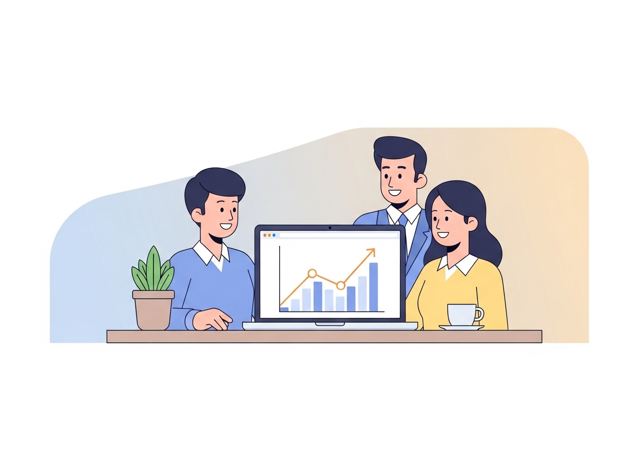 An illustration showing a rising graph on a laptop screen, demonstrating how to improve your website traffic.