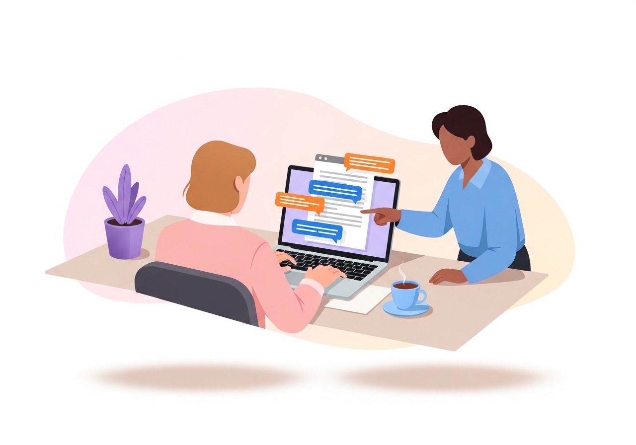 An illustration showing two professionals collaborating, demonstrating how to integrate freelance writers into a workflow.