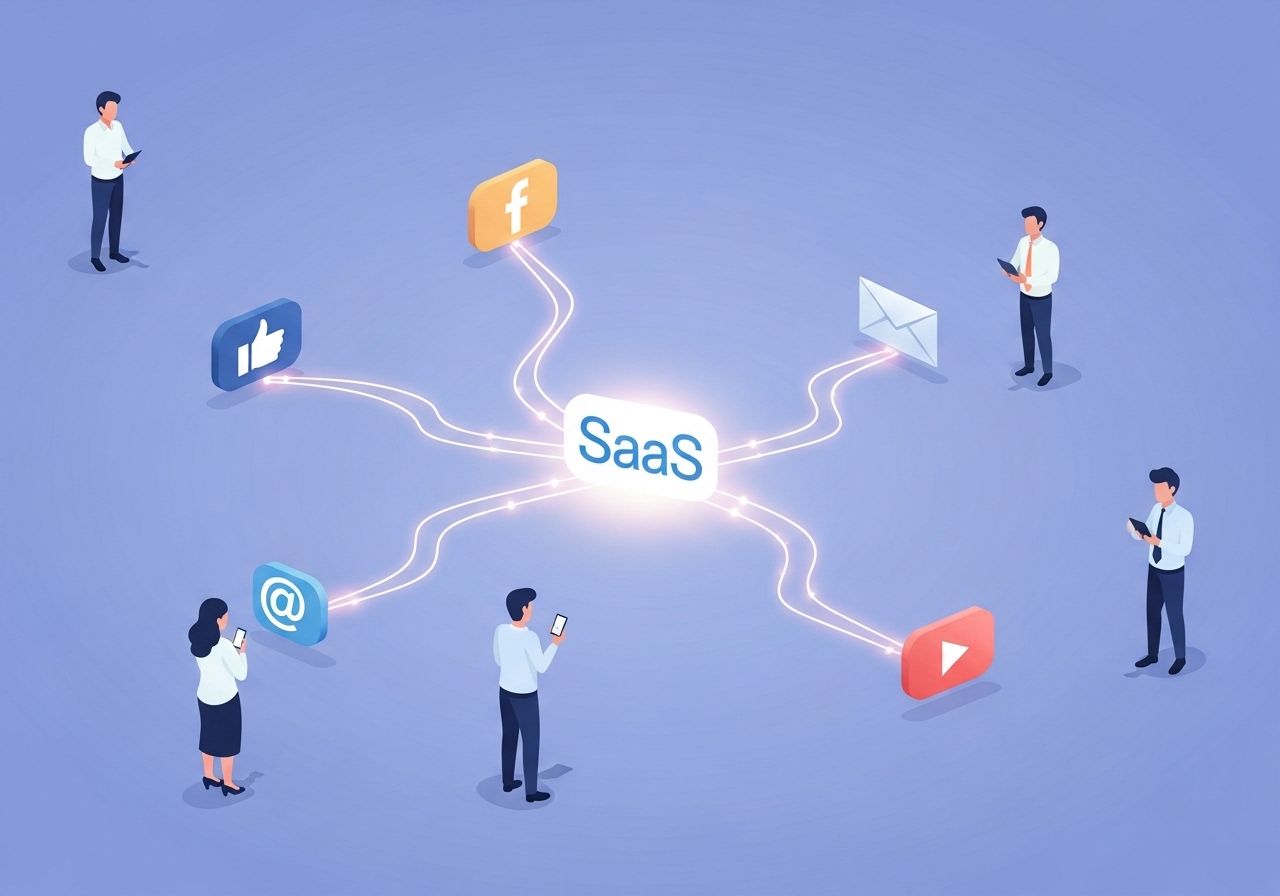 Digital illustration of integrated marketing communications, showing various marketing channels like social media and email connecting to a central brand logo.