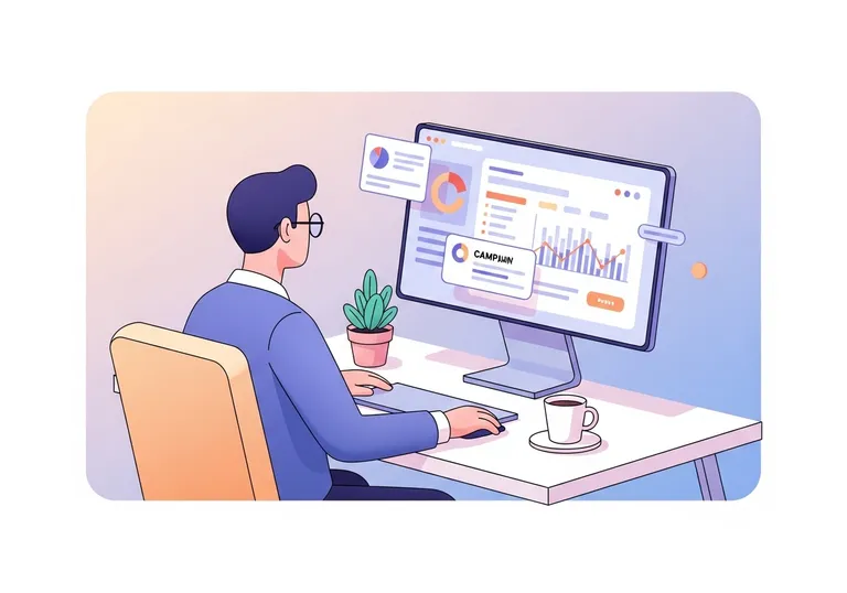 A digital illustration of a professional reviewing a dashboard, representing the core concepts of marketing management.