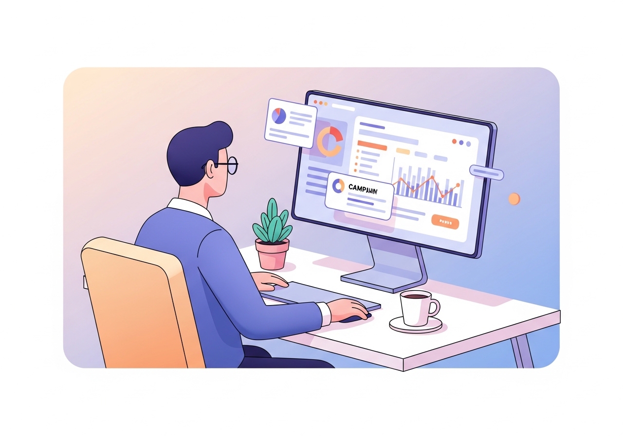 A digital illustration of a professional reviewing a dashboard, representing the core concepts of marketing management.