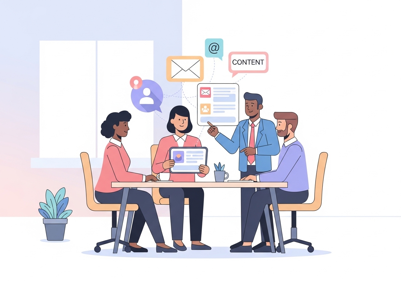 Illustration of a marketing team coordinating on a campaign, a key function of marketing management.