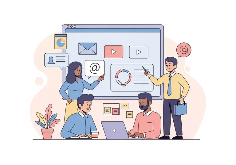 An illustration of a marketing team discussing a media communications strategy around a large screen, representing the key concepts of the field.