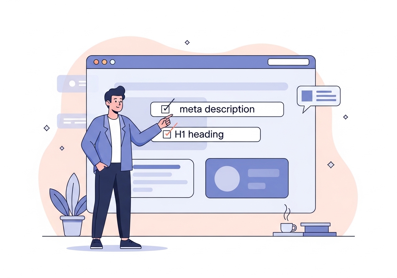 Illustration of a person optimizing on-page SEO elements like title tags and meta descriptions on a webpage wireframe.
