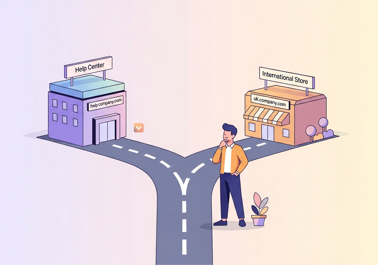 Vector art showing strategic reasons to use a subdomain, such as creating a separate help center or an international version of a site.