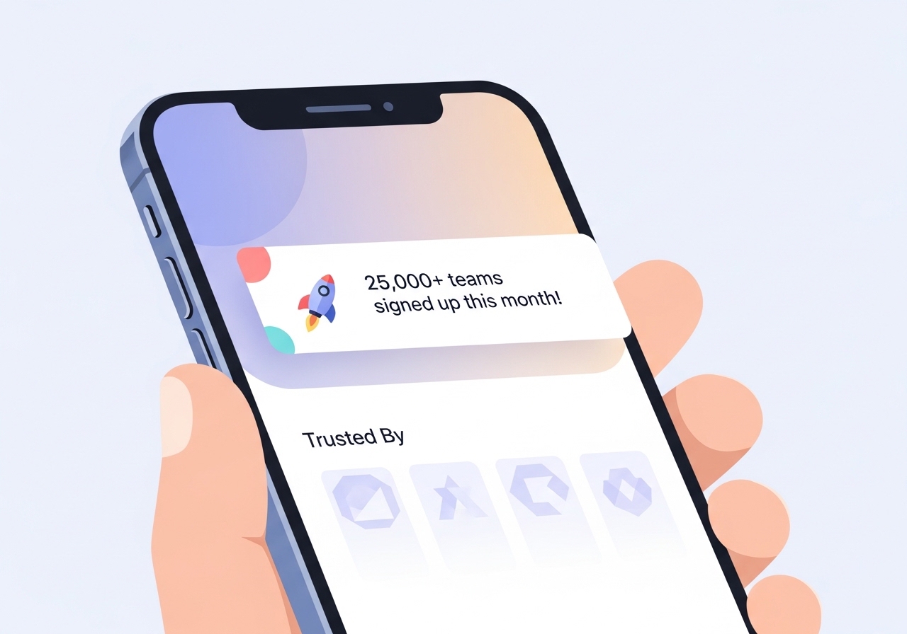 Illustration of a SaaS product on a mobile app using social proof and user counters to create a bandwagon effect.