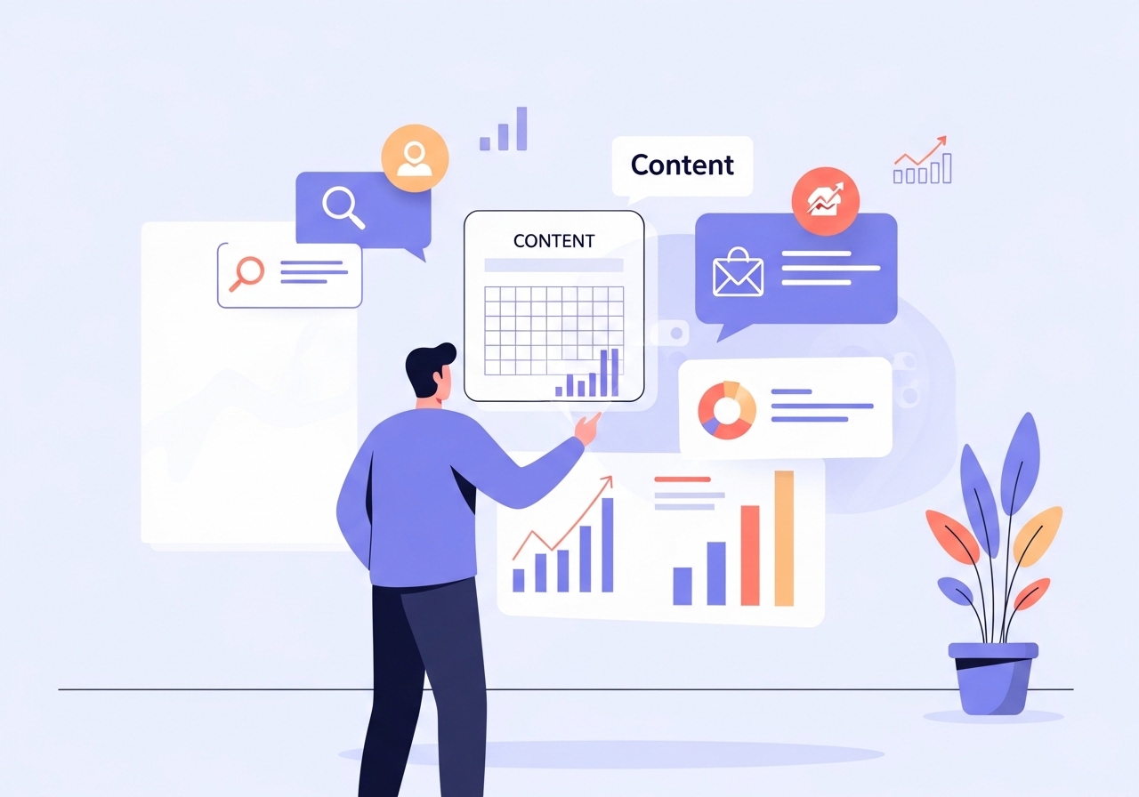 An illustration showing the concept of SEO content marketing, with a person analyzing data and content performance.