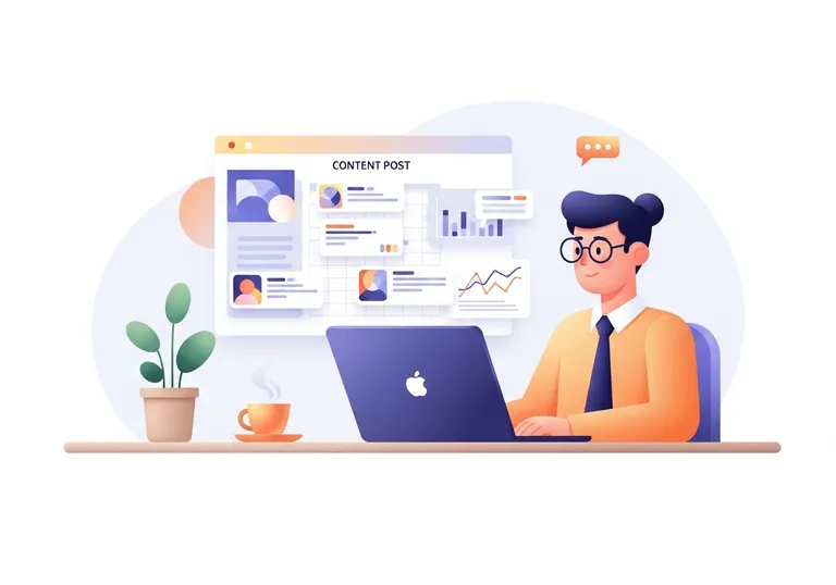 An illustration of a marketer planning a small business content marketing strategy on a laptop.