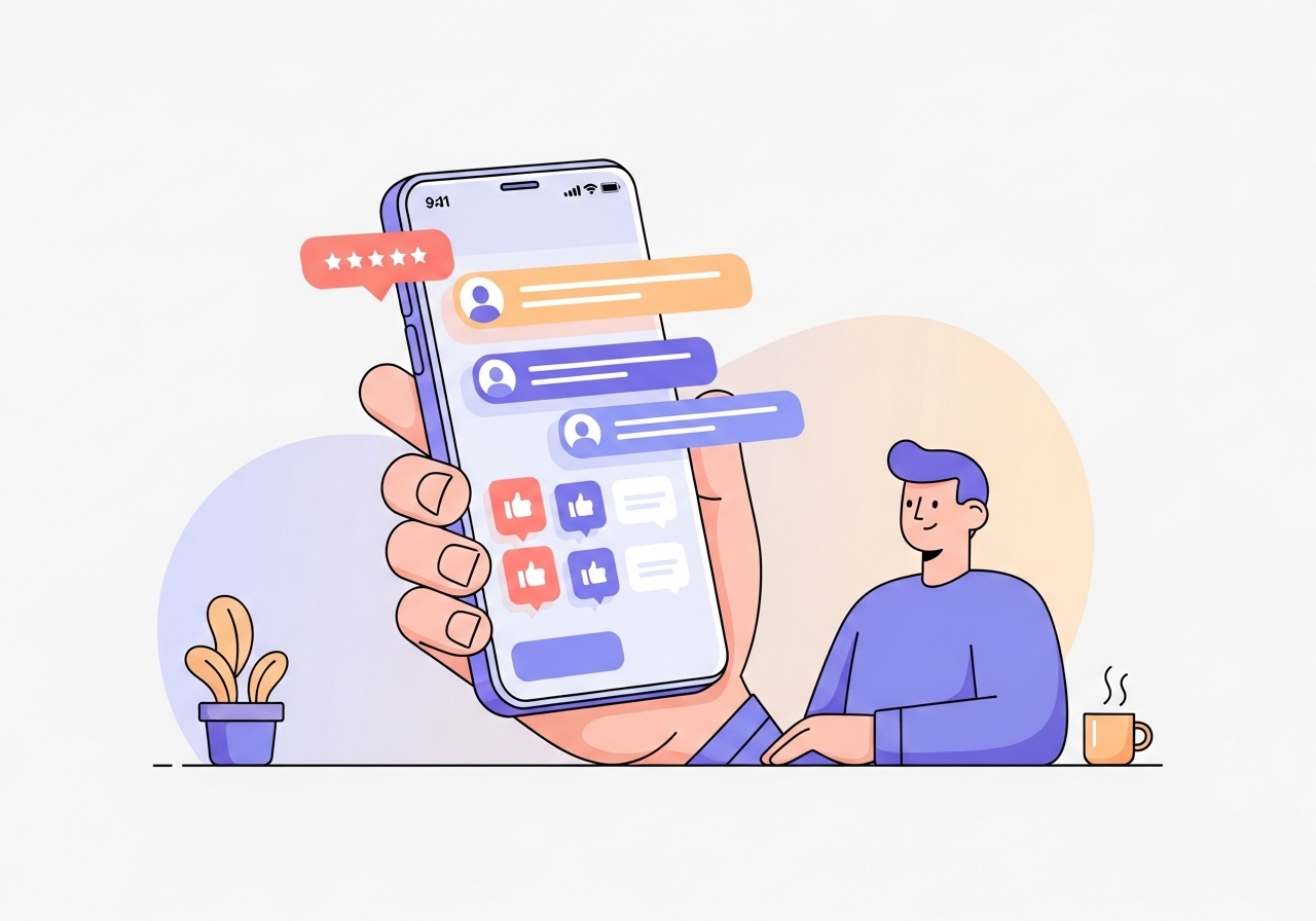 An illustration of a smartphone displaying social proof, a key element in bandwagon advertising examples.