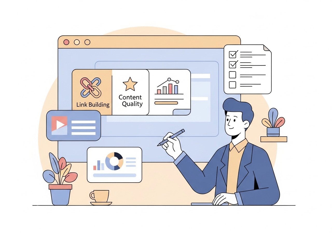 A marketer reviewing key elements of a successful subdomain SEO strategy, including backlinking, content, and analytics.