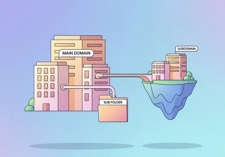 An illustration showing the structural difference between a subdomain and a subfolder in relation to a main domain for subdomain SEO purposes.