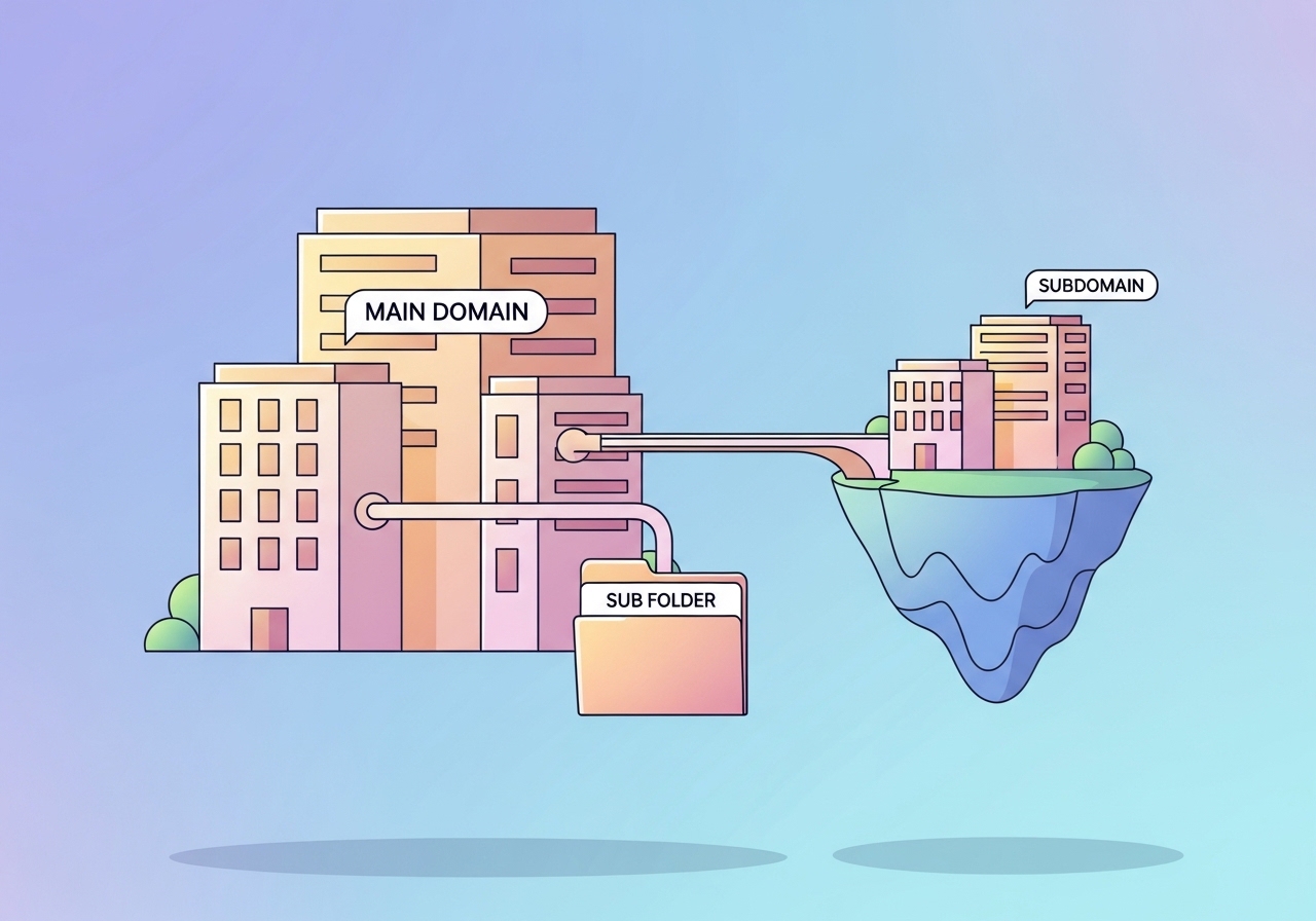 An illustration showing the structural difference between a subdomain and a subfolder in relation to a main domain for subdomain SEO purposes.