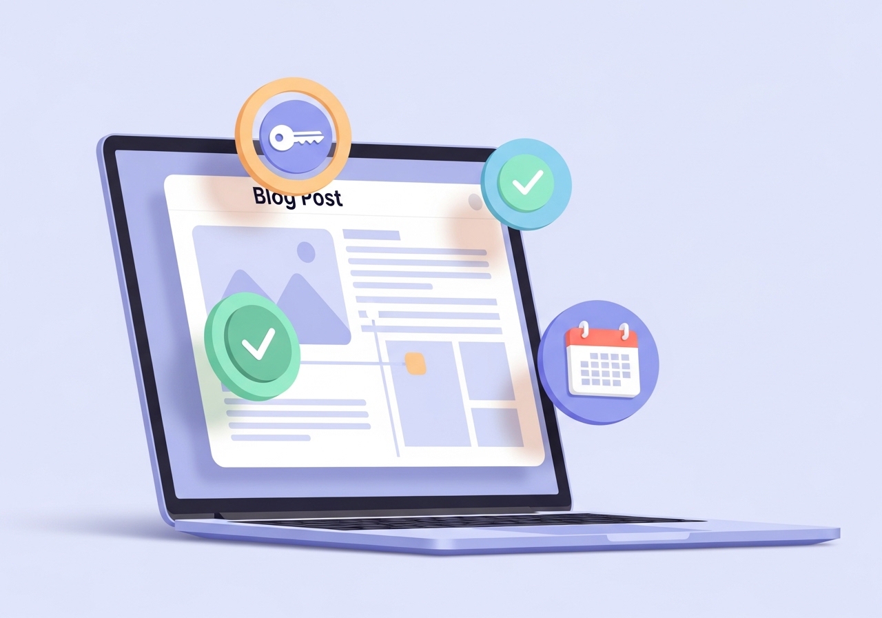 Illustration showing the key elements of a successful blog post, including keywords and quality.