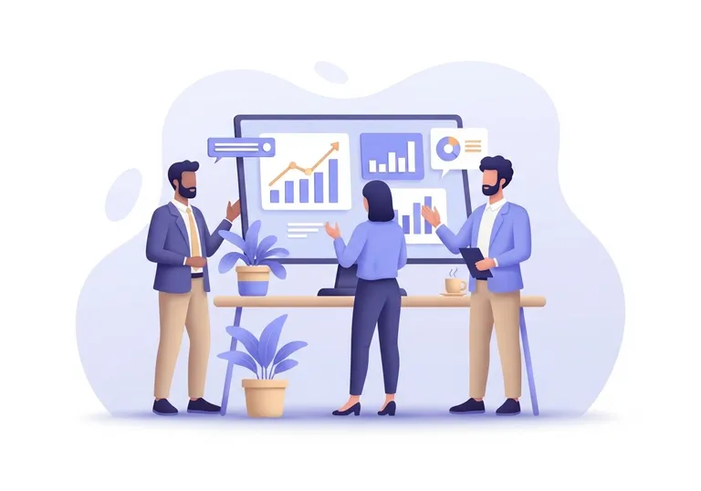 An illustration of a marketing team using various tools to grow their business, represented by upward-trending charts on a screen.
