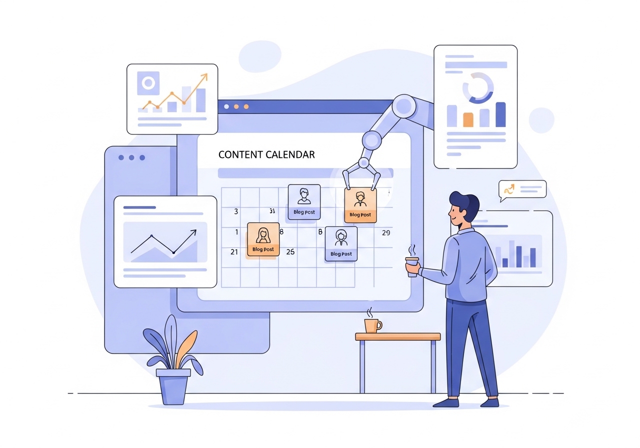 An illustration showing what content automation is, with a content calendar being populated automatically on a large screen.